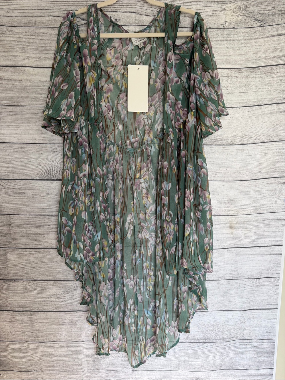 NWT Blu Heaven Floral Sheer Kimono Duster High Low Cold Shoulder Green M